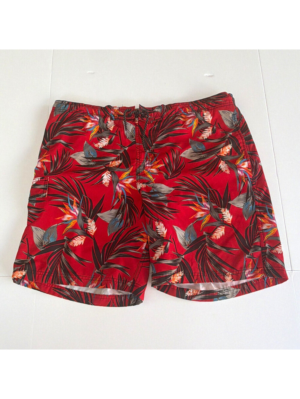 George Men's Tropical Floral Swim Shorts XL Red Drawstring Elastic Waist